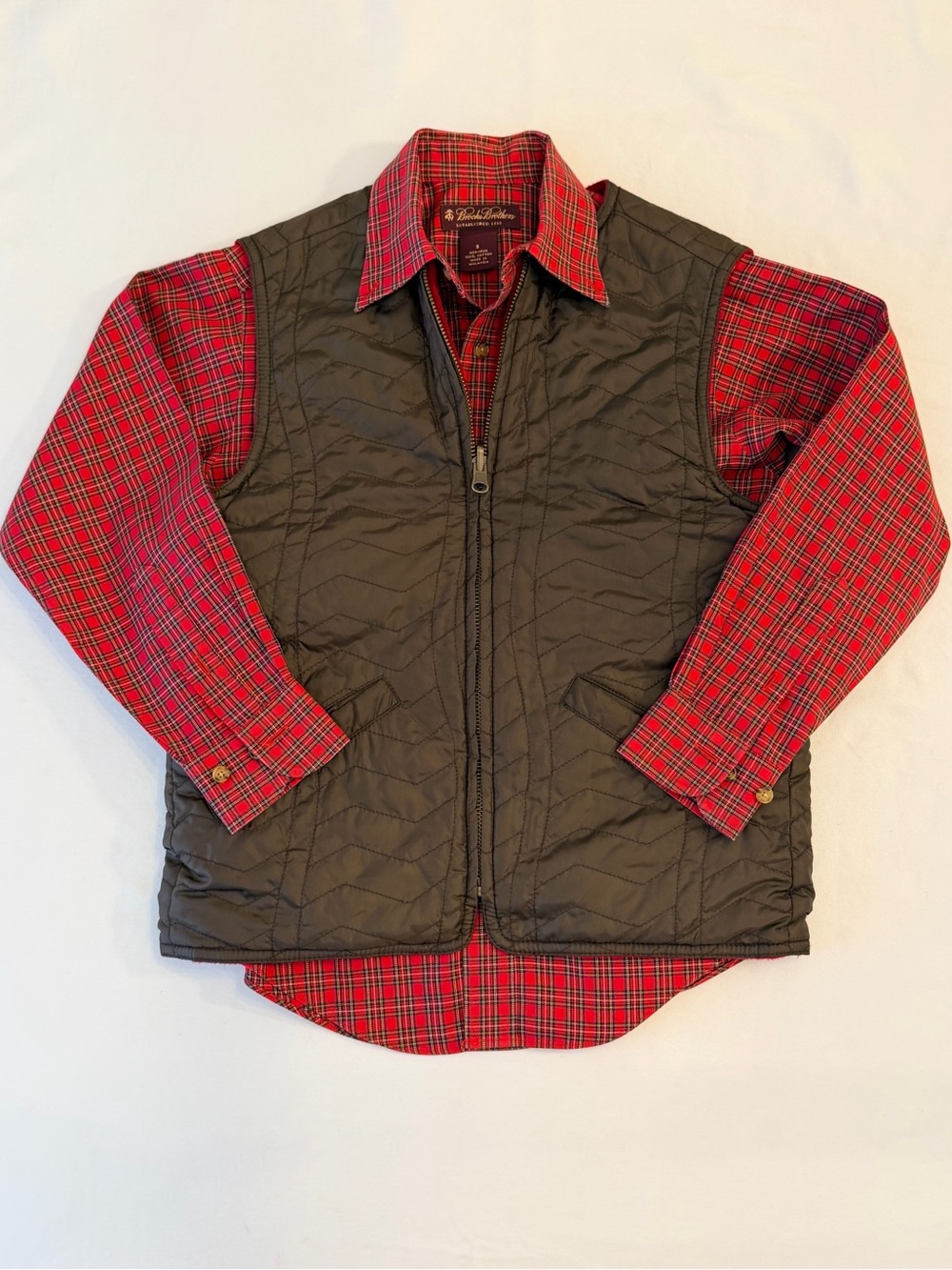 Brooks Brothers Boys’ Olive Quilted Vest & Festive Red Plaid Button-down Shirt